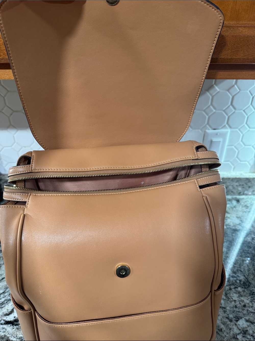 Minimal Tan Leather Backpack With Flap View 5